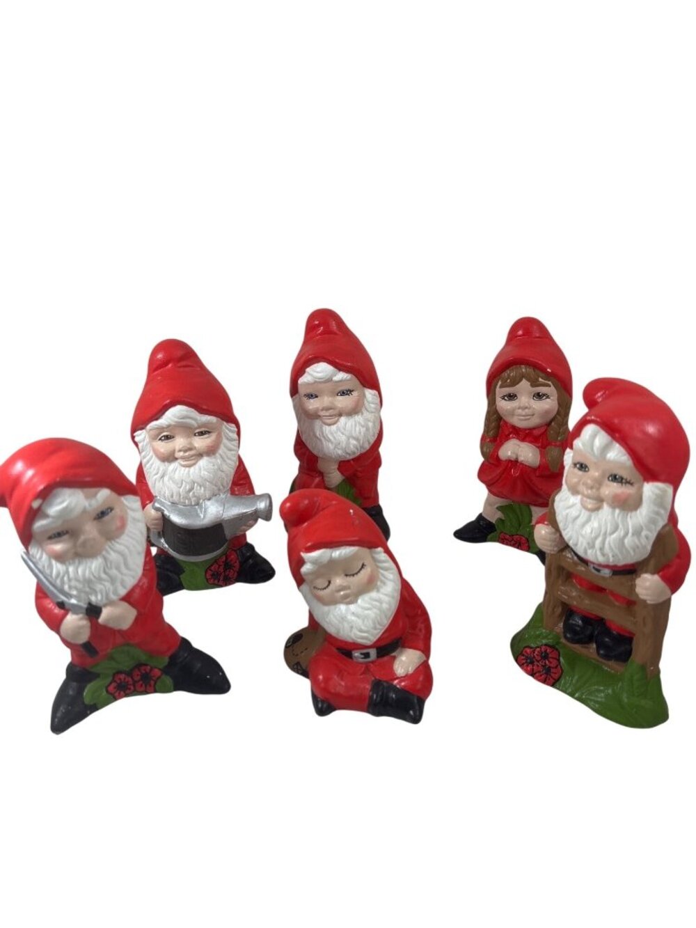 Set of 6 Vintage 70’s Ceramic Garden Gnomes - Lawn Dwarves Lot Shelf Sitters 6"
